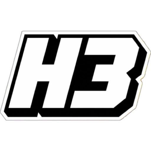 Logotipo H3, em branco sobre fundo preto